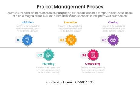 5 phase project management infographic template banner with timeline circle point right direction with 5 point list information for slide presentation vector