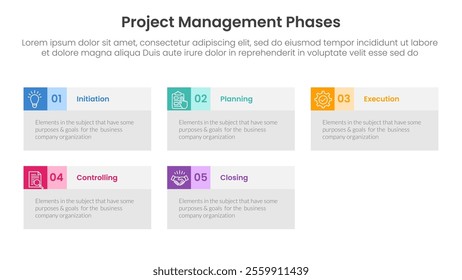 5 phase project management infographic template banner with big box table information with 5 point list information for slide presentation vector