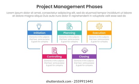 5 phase project management infographic template banner with square rectangle box joined combine outline with 5 point list information for slide presentation vector