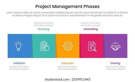 5 phase project management infographic template banner with square box horizontal right direction with 5 point list information for slide presentation vector