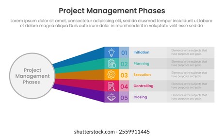 5 phase project management infographic template banner with big circle and rainbow long rectangle shape with 5 point list information for slide presentation vector