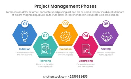 5 phase project management infographic template banner with diamond honeycomb up and down right direction with 5 point list information for slide presentation vector