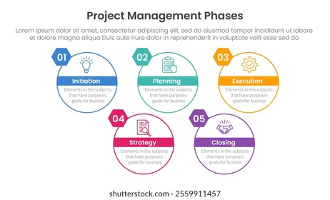 5 phase project management infographic template banner with big circle outline style up and down with 5 point list information for slide presentation vector