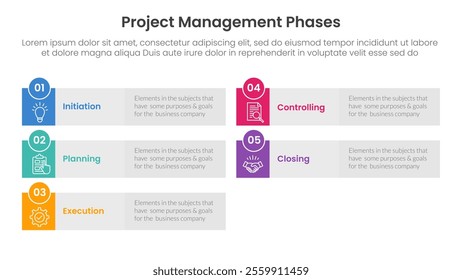 5 phase project management infographic template banner with long rectangle box grey background with 5 point list information for slide presentation vector