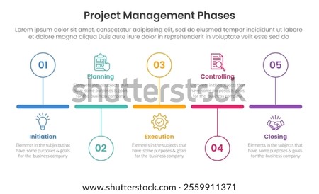 5 phase project management infographic template banner with timeline circle up and down horizontal with 5 point list information for slide presentation vector