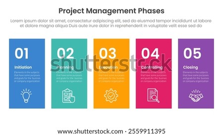 5 phase project management infographic template banner with height rectangle shape balance with 5 point list information for slide presentation vector