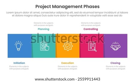 5 phase project management infographic template banner with square box horizontal right direction with 5 point list information for slide presentation vector