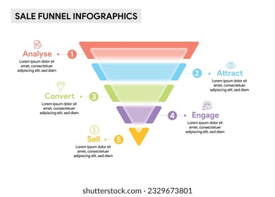 5 phase Triangle Funnel Diagram in Glassmorphism Style. Infographic Template Illustration for Business Report.