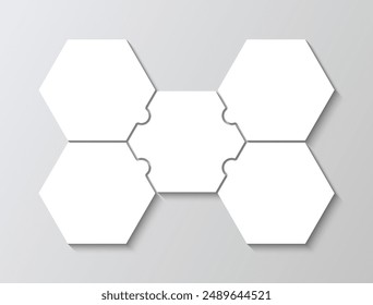 5 pieces puzzle infographic. Jigsaw hexagon for business infographics. Business presentation info graphic, parts of process diagram. Puzzle grid. Vector illustration