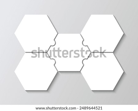 5 pieces puzzle infographic. Jigsaw hexagon for business infographics. Business presentation info graphic, parts of process diagram. Puzzle grid. Vector illustration