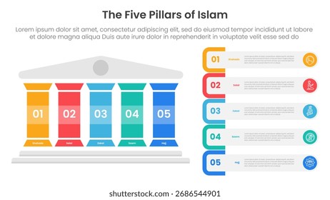 5 pillars of islam infographic template banner with colorfull pillar and rectangle round container for slide presentation vector