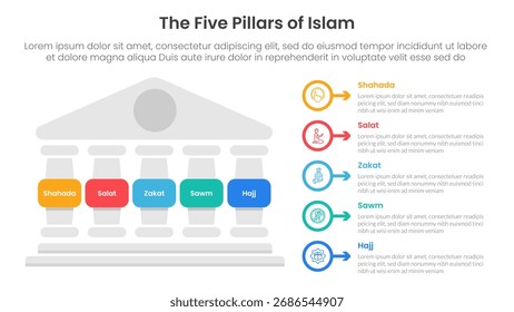 5 pilares del Anuncio de la Plantilla de la infografía del Islam con la columna izquierda y la flecha del círculo del contorno para el Vector de la presentación de la diapositiva
