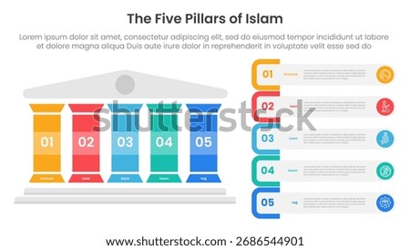 5 pillars of islam infographic template banner with colorfull pillar and rectangle round container for slide presentation vector