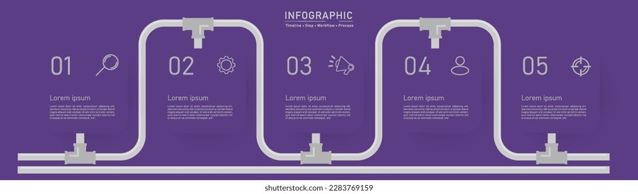 5 pipe line business option infographic template. Minimal step workflow number icon element presentations. Timeline diagram object vector.