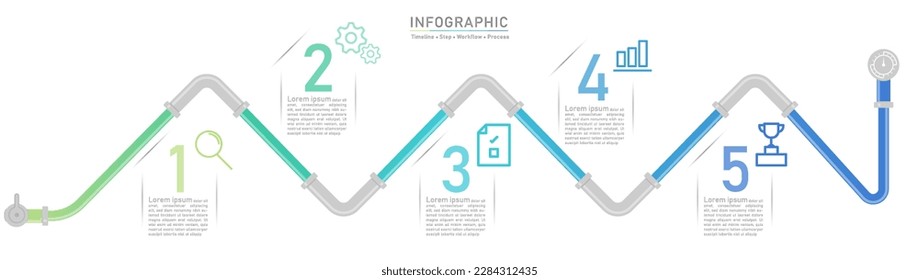 5 Pipe line business option infographic template. Minimal step workflow number icon element presentations. Timeline diagram object vector.