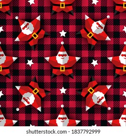 
5 Point Star Santa seamless pattern. Paper cut style. Christmas vector illustration.