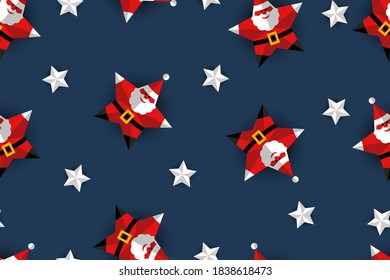 

5 Point Star Santa seamless pattern. Paper cut style. Christmas vector illustration.