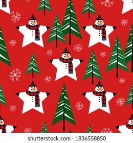 
5 Point Star Snowman, Christmas trees and snowflakes on a red background. Vector seamless pattern.  Festive 
 design.
