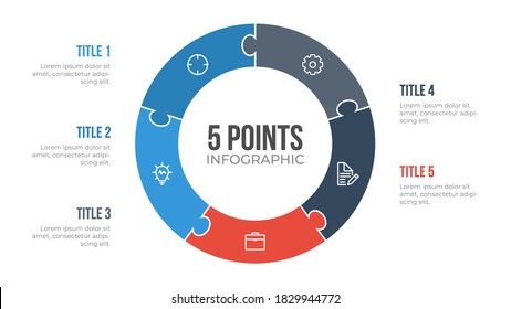 5 points circle infographic element vector with puzzle, can be used for workflow, steps, options, list, processes, presentation slide, report, etc.