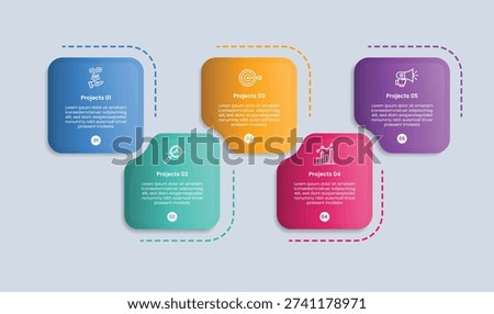 5 points infographic with glossy gradient style with round square box with folder shape up and down horizontal with five segment information vector