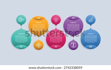 5 points infographic with glossy gradient style with big and small circle combination with callout speech bubble discussion on upside down position with five segment information vector
