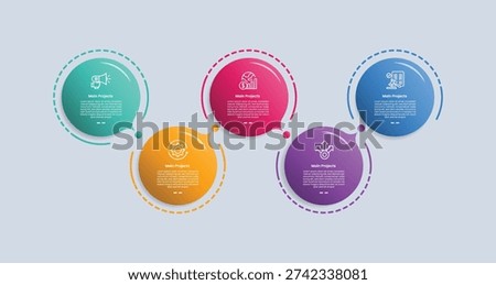 5 points infographic with glossy gradient style with big circle with discussion box style up and down on horizontal direction with five segment information vector