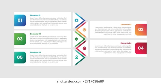 5 points infographic with gradient style with long rectangle box with arrow edge opposite direction on vertical list with 5 elements stages vector
