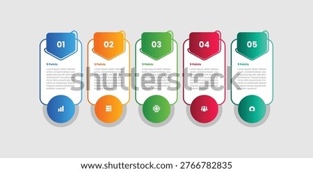 5 points infographic with gradient style with vertical round rectangle with circle badge on bottom with 5 elements stages vector