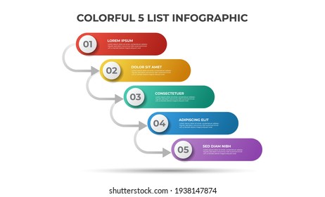 5 points of list or steps diagram with arrows, infographic element template vector.
