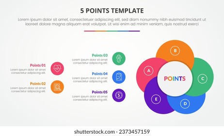 Infografik-Konzept der 5-Punkte-Bühne-Vorlage für Diavorstellung mit kreativer Kreativkreisblütenform mit 5-Punkte-Liste mit flachem Stil