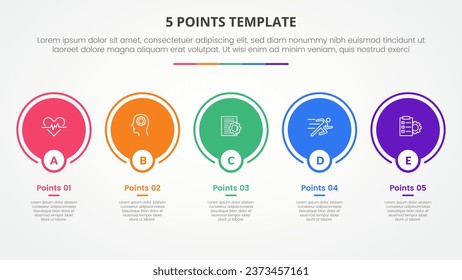 5 points stage template infographic concept for slide presentation with big circle outline on horizontal line with 5 point list with flat style