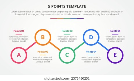 5 points stage template infographic concept for slide presentation with outline circle line connection up and down with 5 point list with flat style