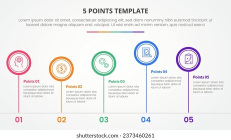 5 points stage template infographic concept for slide presentation with big circle outline unbalance up and down with 5 point list with flat style