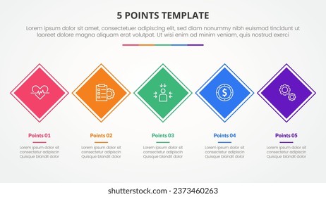 5 points stage template infographic concept for slide presentation with rotated square diamond shape on horizontal line with 5 point list with flat style