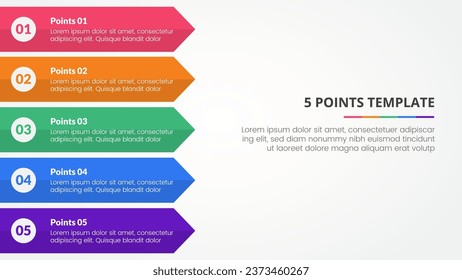 5 points stage template infographic concept for slide presentation with long rectangle arrow right direction with 5 point list with flat style