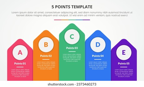 Concepto de infografía de plantilla de 5 puntos para presentación de diapositivas con dirección superior de flecha vertical con lista de 5 puntos con estilo plano