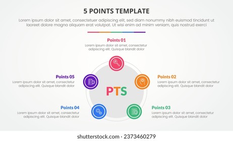 Concepto de infografía de plantilla de 5 puntos para presentación de diapositivas con pentágono o forma pentagonal con borde de círculo con lista de 5 puntos con estilo plano