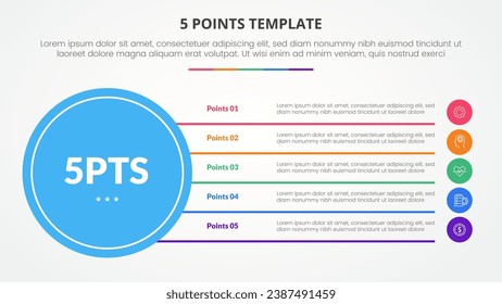 5 points stage template infographic concept for slide presentation with big circle base and line box stack with 5 point list with flat style