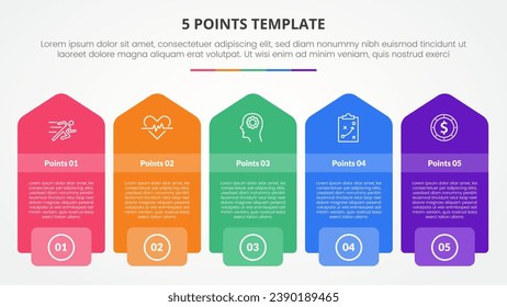 5 points stage template infographic concept for slide presentation with rectangle box with vertical arrow shape with 5 point list with flat style