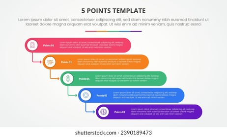 5 points stage template infographic concept for slide presentation with round rectangle stack waterfall style with 5 point list with flat style