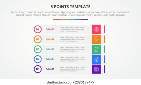 5 puntos concepto de infografía de plantilla de escenario para presentación de diapositivas con pila de cuadros rectangulares con placa de círculo de contorno con lista de 5 puntos con estilo plano