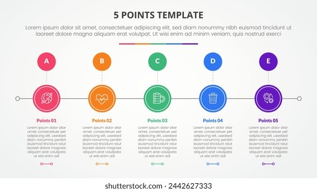 Concepto infográfico de plantilla de escenario de 5 puntos para presentación de diapositivas con dirección derecha horizontal circular con lista de 5 puntos con estilo plano