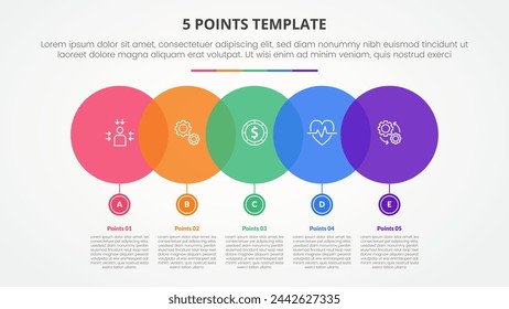 5 points stage template infographic concept for slide presentation with big circle horizontal with small on bottom with 5 point list with flat style