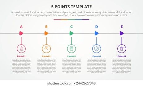 Concepto infográfico de la plantilla de escenario de 5 puntos para la presentación de diapositivas con el círculo de contorno y la forma de flecha horizontal con la lista de 5 puntos con estilo plano