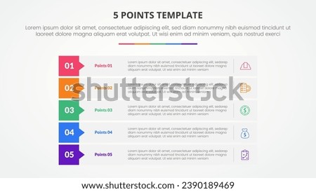 5 points stage template infographic concept for slide presentation with rectangle stack callout badge header with 5 point list with flat style