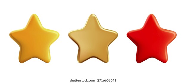 Ícone de estrela 3D de 5 pontos. Pontuação de bonitinho vermelho, troféu de bônus de ouro VIP. Vetor do botão de balão de taxa. Ponto de revisão amarelo, dourado Sticker render. Excelente classificação, gradiente bolha de metal recompensa. Como um jogo de luxo