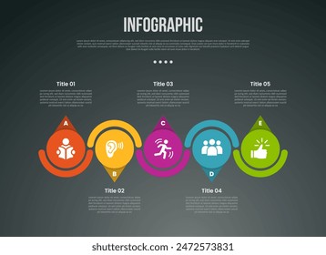 5 puntos o paso proceso infografía con gran círculo y flecha arriba y abajo con medio círculo vinculado conexión con estilo oscuro moderno para el Vector de presentación de diapositivas