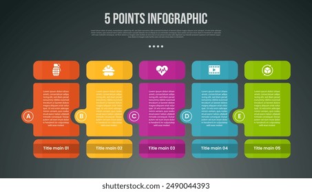 5 points or step process infographic with creative table shape with linked shape box with modern dark style for slide presentation vector