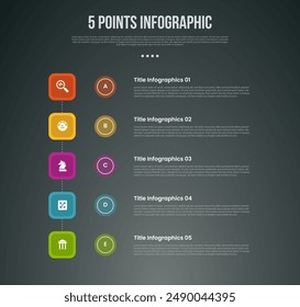 Infografía de proceso de 5 puntos o pasos con pila rectangular redonda con dirección de Vertical con estilo oscuro moderno para el Vector de la presentación de diapositivas