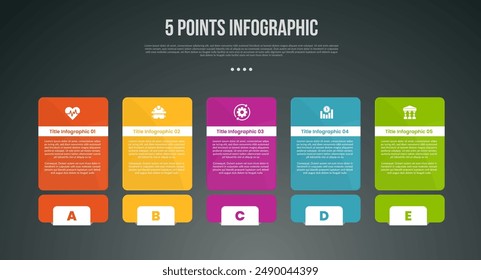 Infografía de proceso de 5 puntos o pasos con cuadro rectangular redondo con pie de página separado con estilo oscuro moderno para el Vector de la presentación de diapositivas